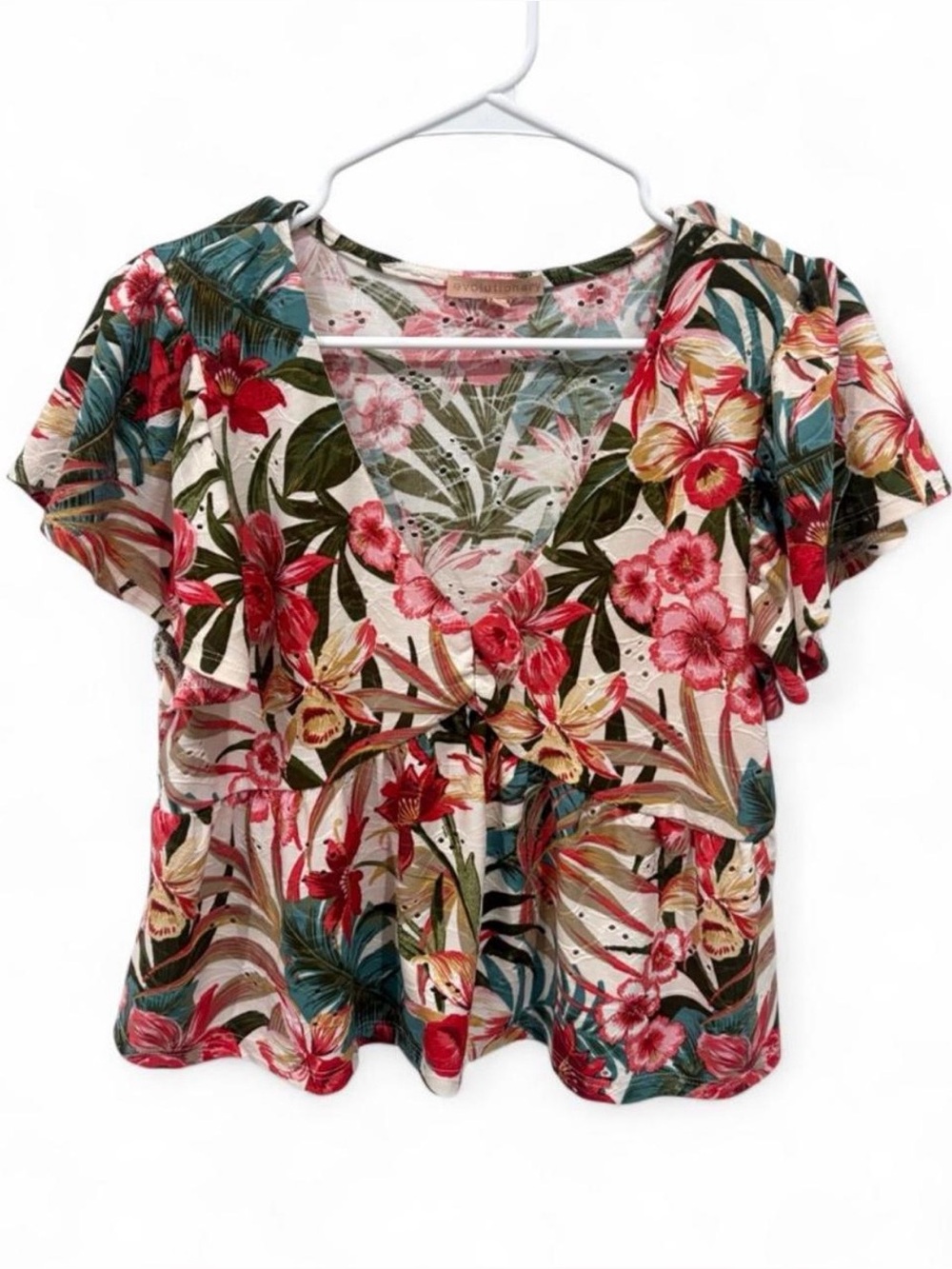 Evolutionary Colorful Tropical Floral Peplum Flutter Sleeve V Neck Blouse XL